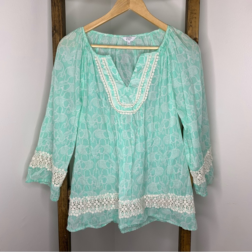 Crown & Ivy Aqua Tunic with Lace Accents
